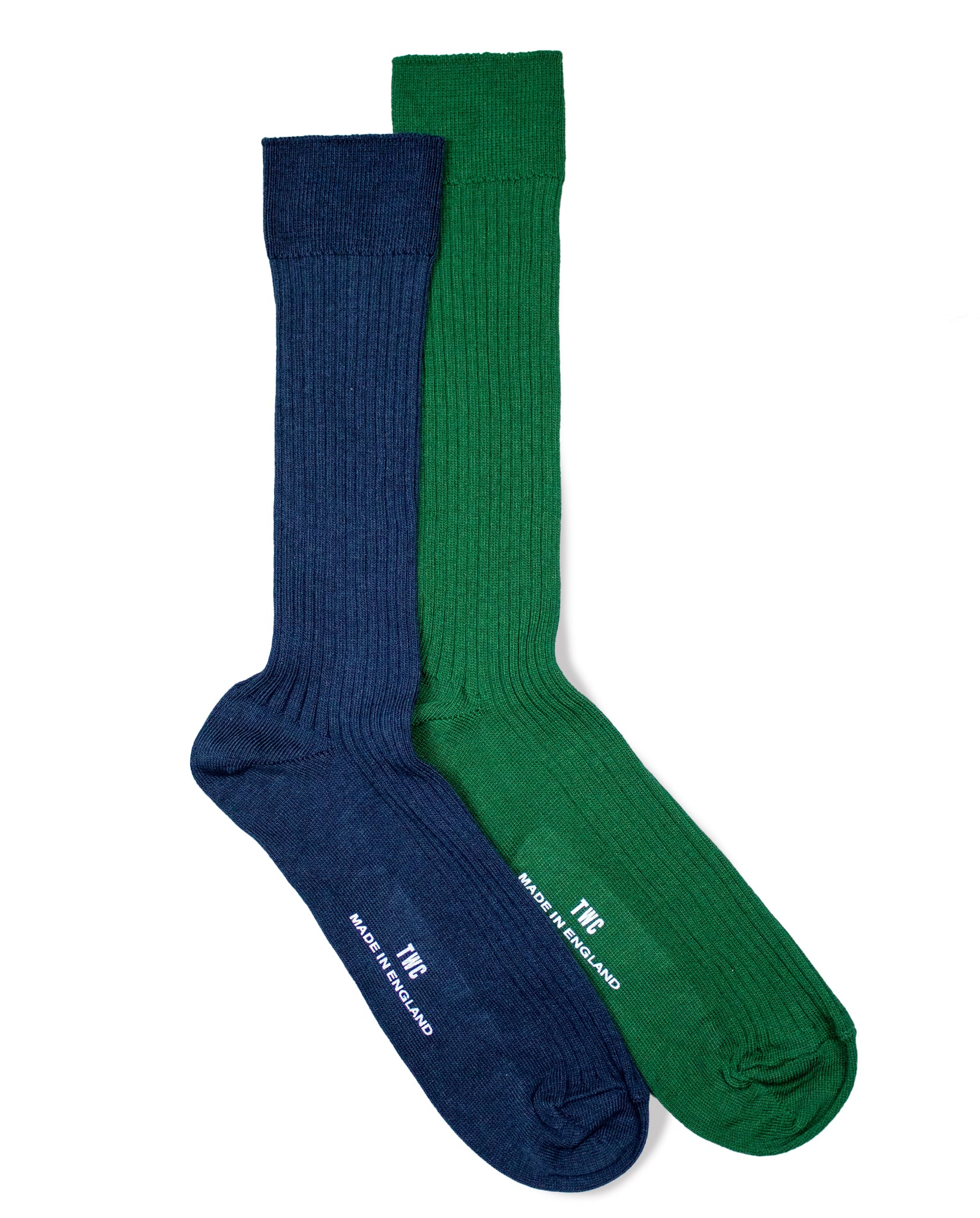 Fine Rib Cotton Socks - 2 Pack - Green & Navy