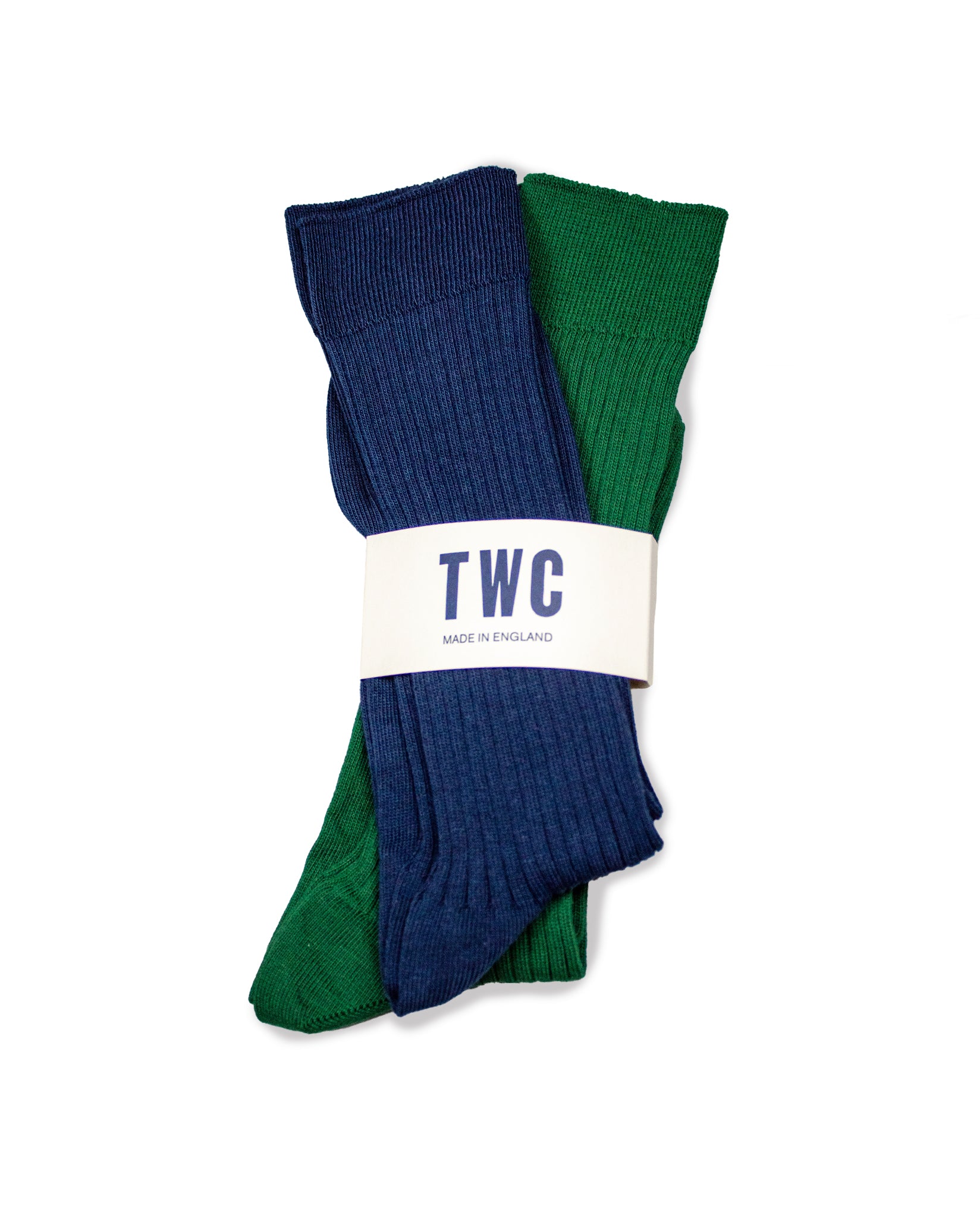 Fine Rib Cotton Socks - 2 Pack - Green & Navy