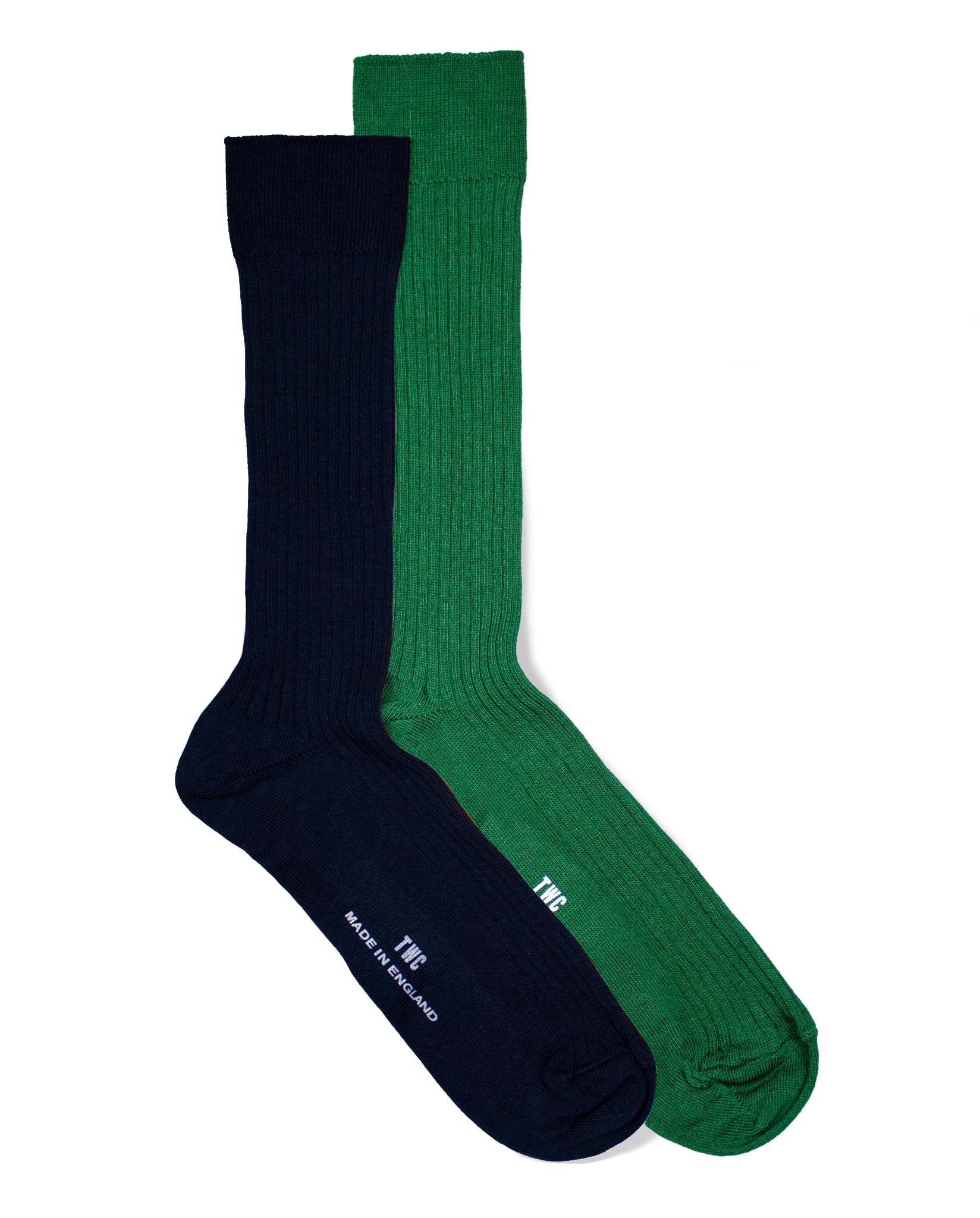 Fine Rib Cotton Socks - 2 Pack - Green & Navy