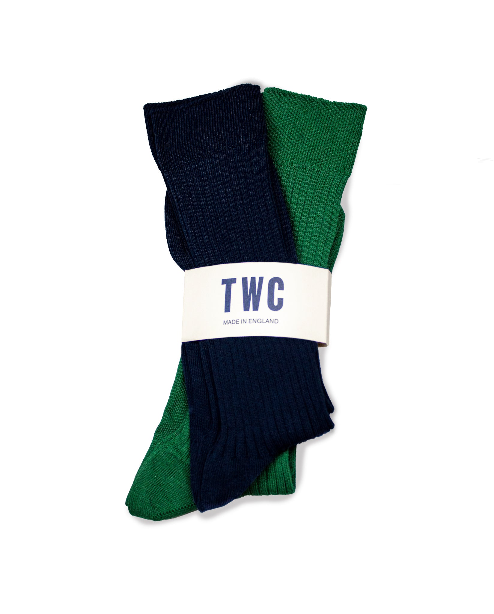 Fine Rib Cotton Socks - 2 Pack - Green & Navy