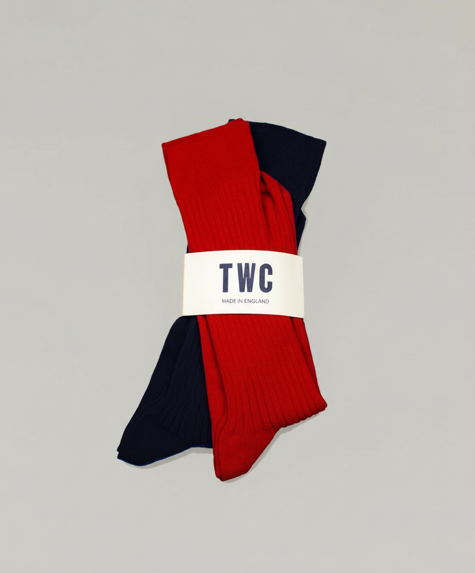 Red & Navy Fine Rib Cotton Socks