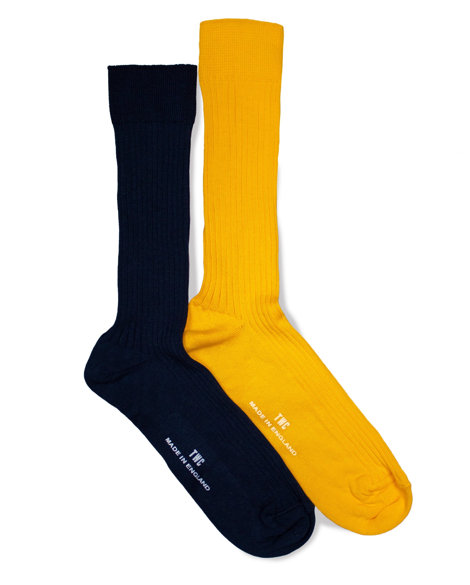 Fine Rib Cotton Socks - 2 pack - Yellow & Navy