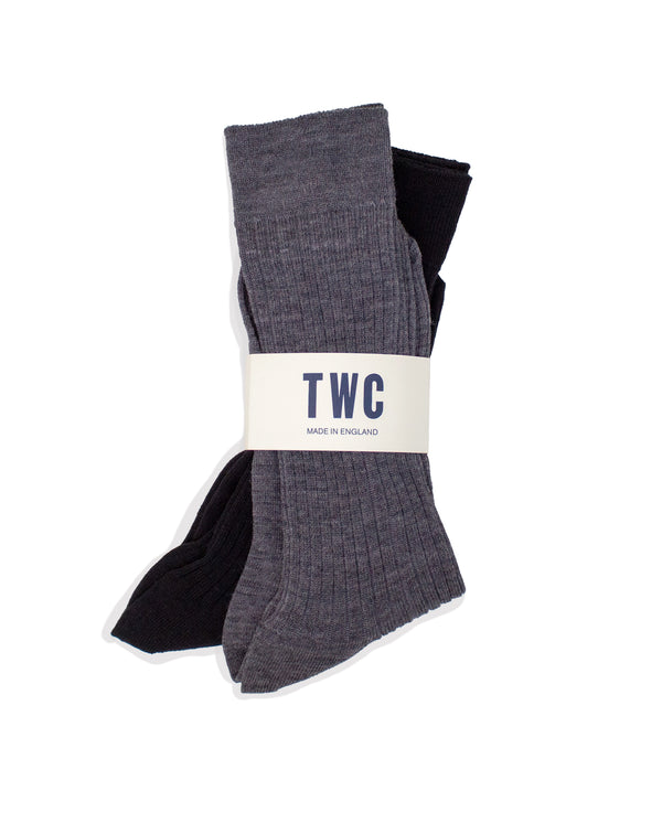 FINE MERINO WOOL SOCK 2 PACK IN BLACK & CHARCOAL