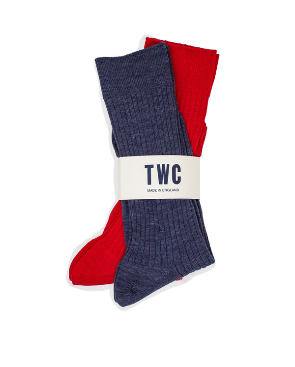 FINE MERINO WOOL SOCKS, 2 PACK IN RED & DENIM