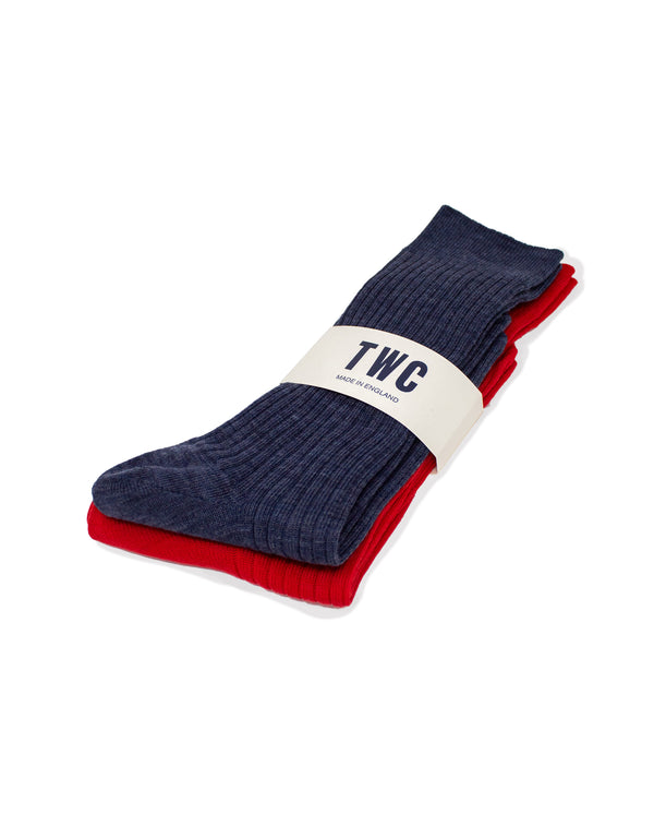 FINE MERINO WOOL SOCKS, 2 PACK IN RED & DENIM