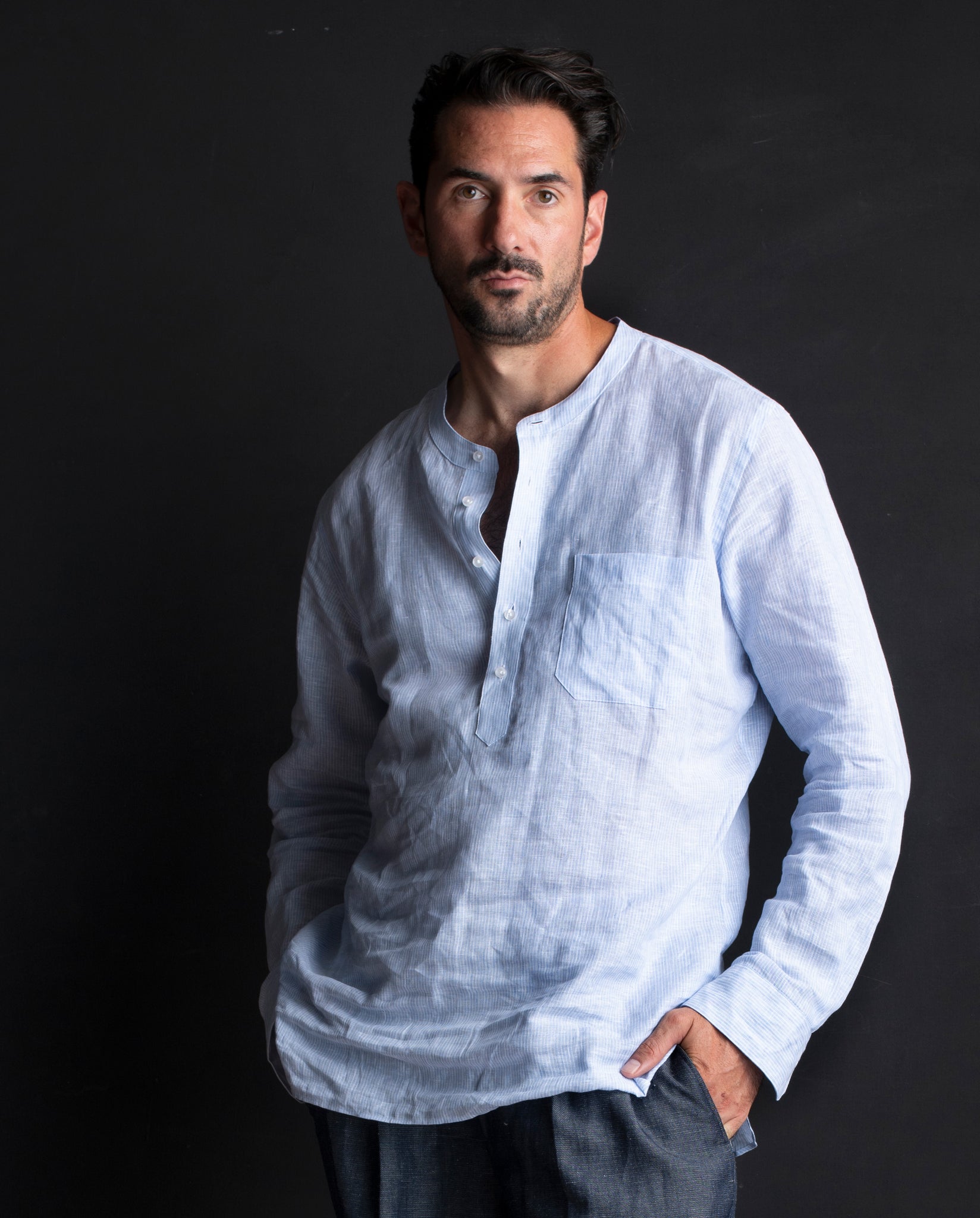 FELIX GRANDAD SHIRT - PALE BLUE STRIPE LINEN