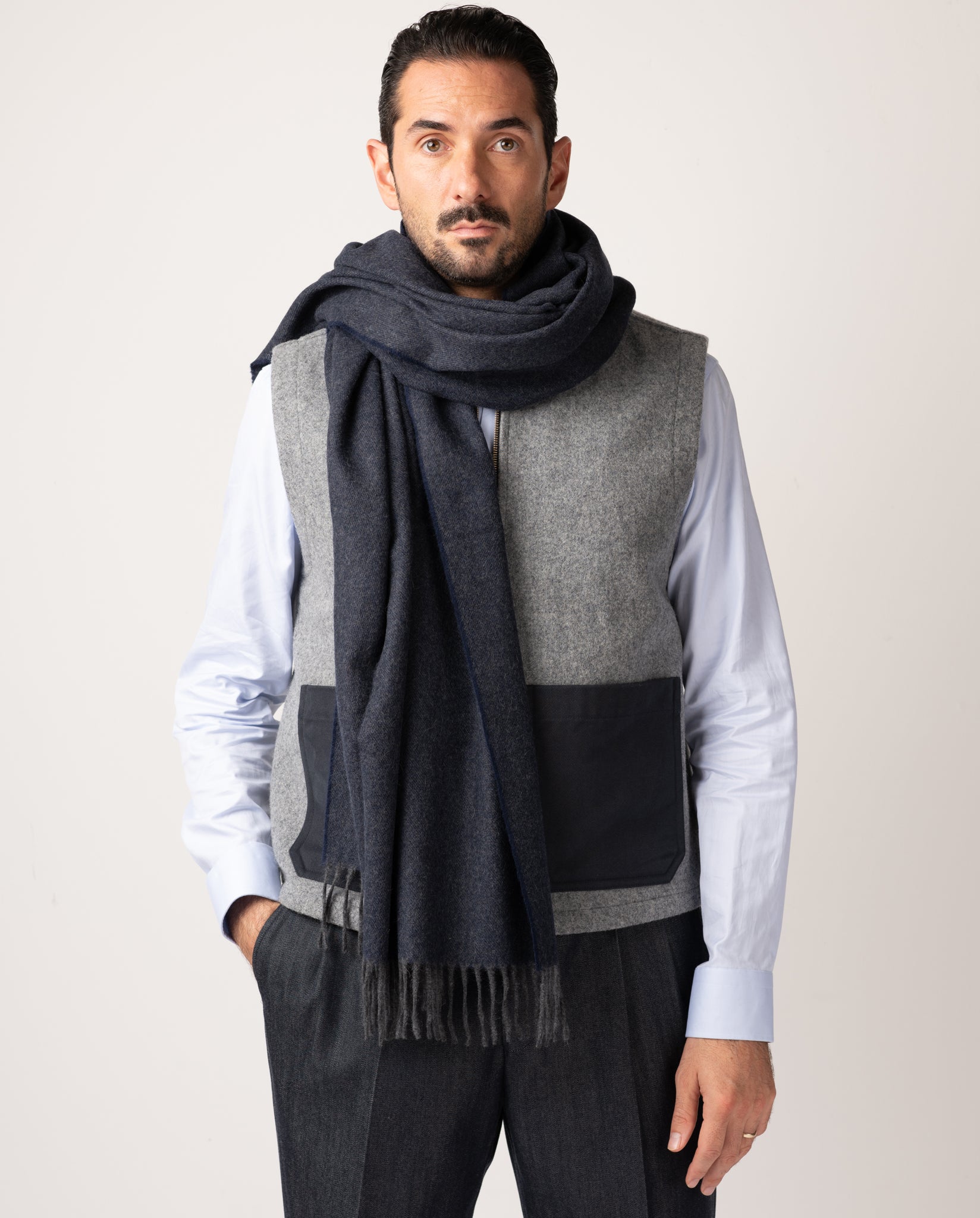 LAMBSWOOL + ANGORA STOLE - NAVY/CHARCOAL