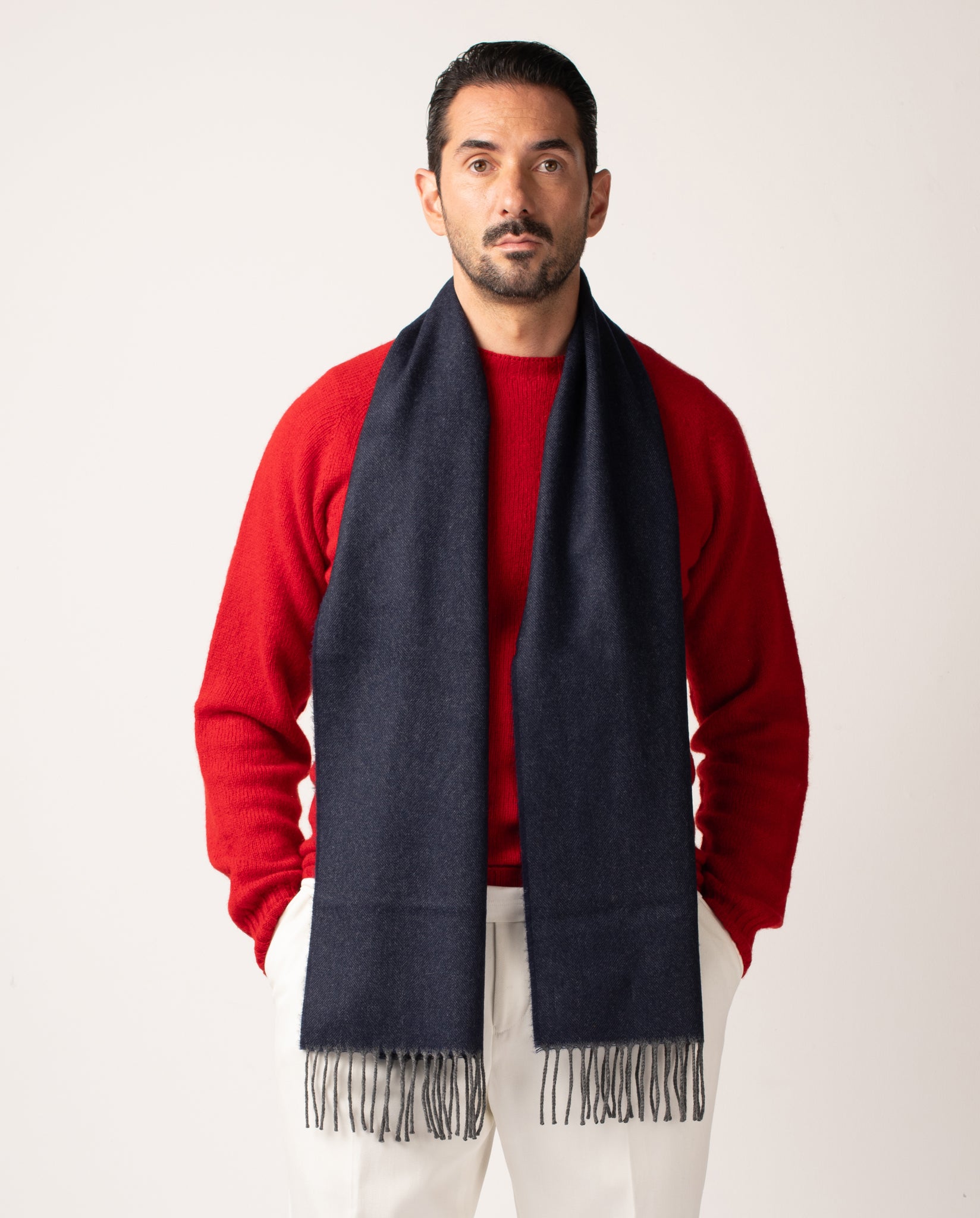 CASHMERE SCARF - NAVY & CHARCOAL HERRINGBONE