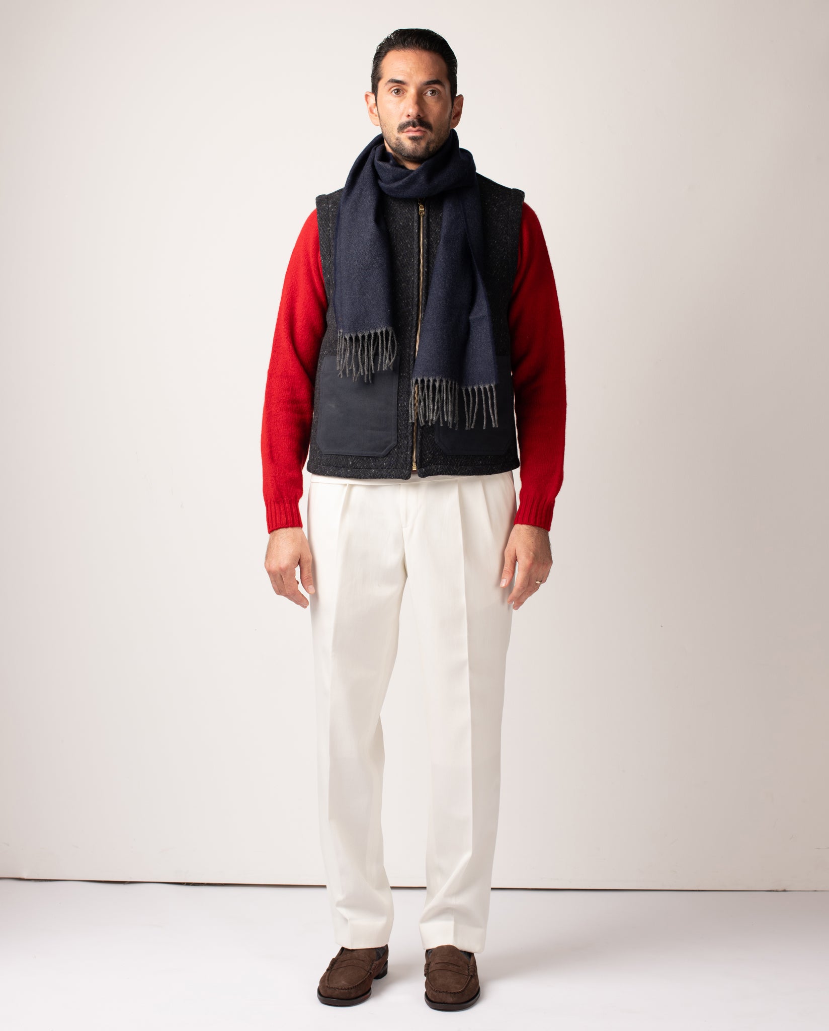 CASHMERE SCARF - NAVY & CHARCOAL HERRINGBONE