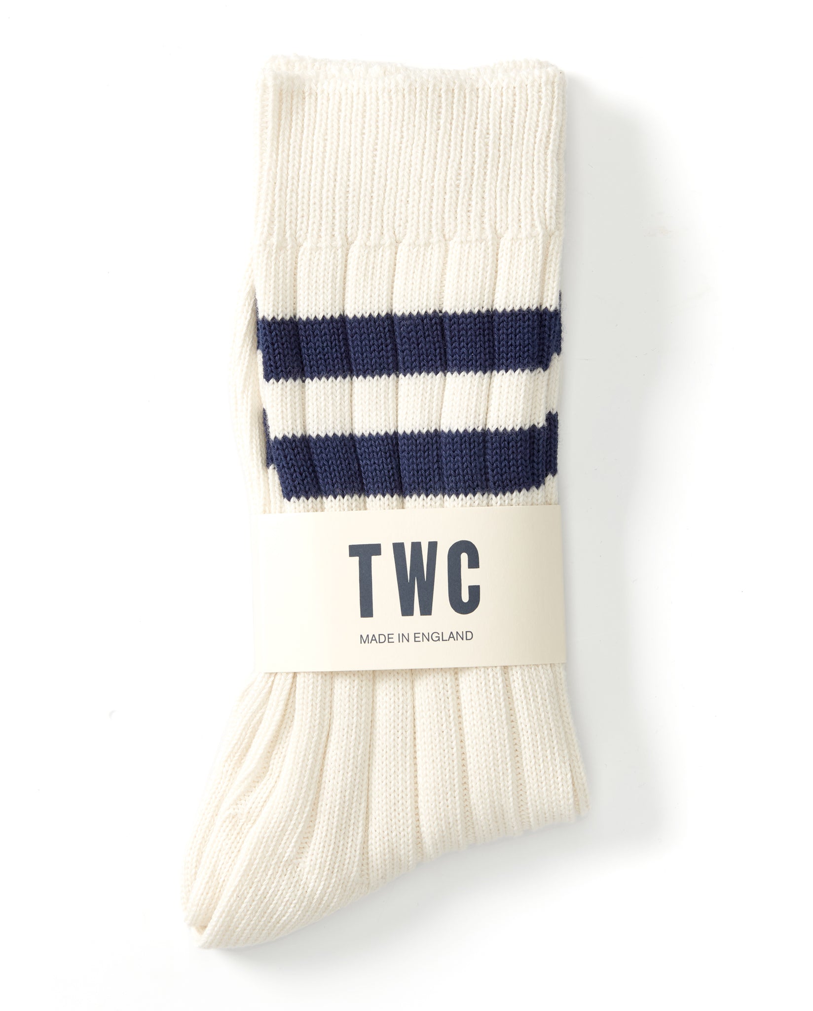 VARSITY SOCKS - CREAM WITH NAVY BLUE STRIPES