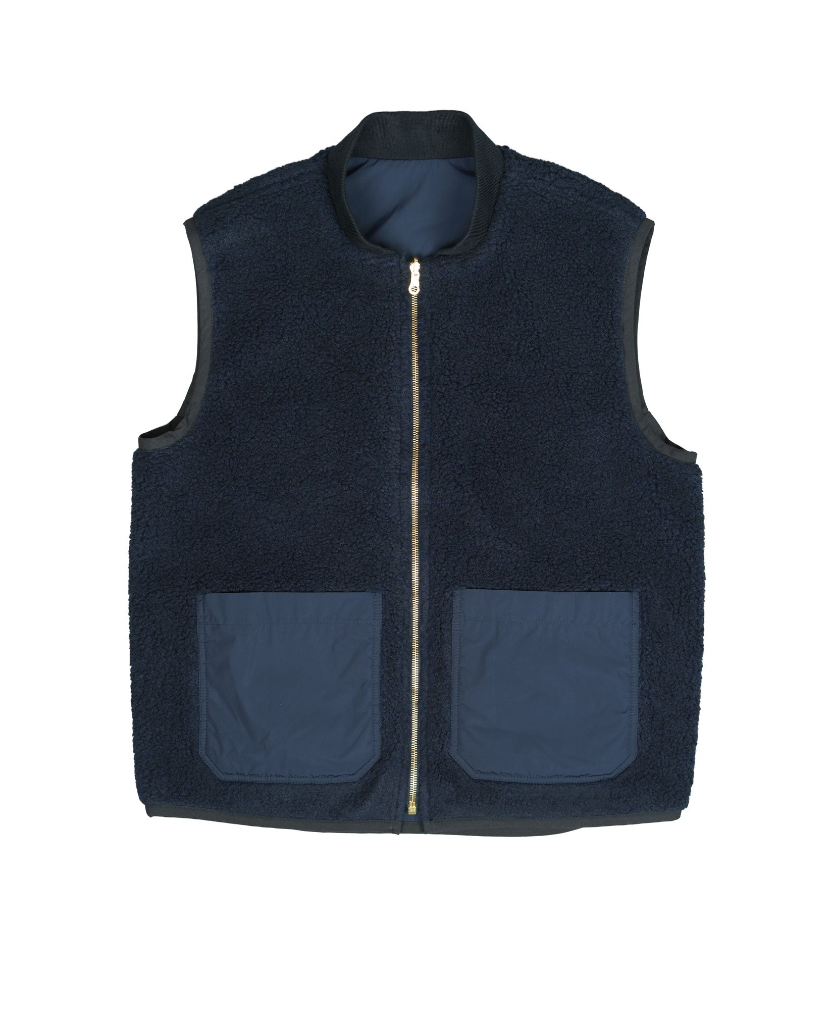 ALDWORTH REVERSIBLE GILET IN NAVY TEDDY FLEECE