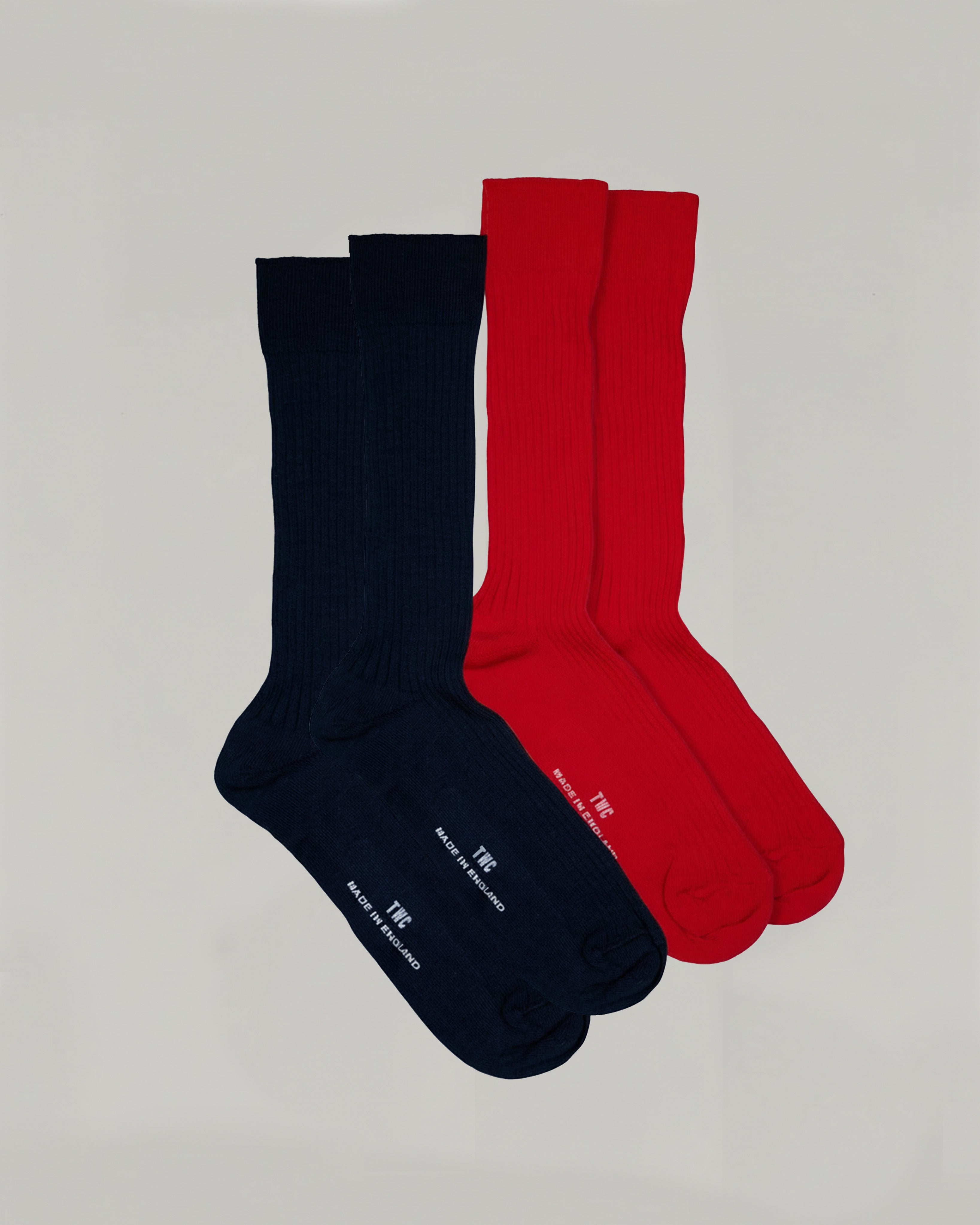 Red & Navy Fine Rib Cotton Socks