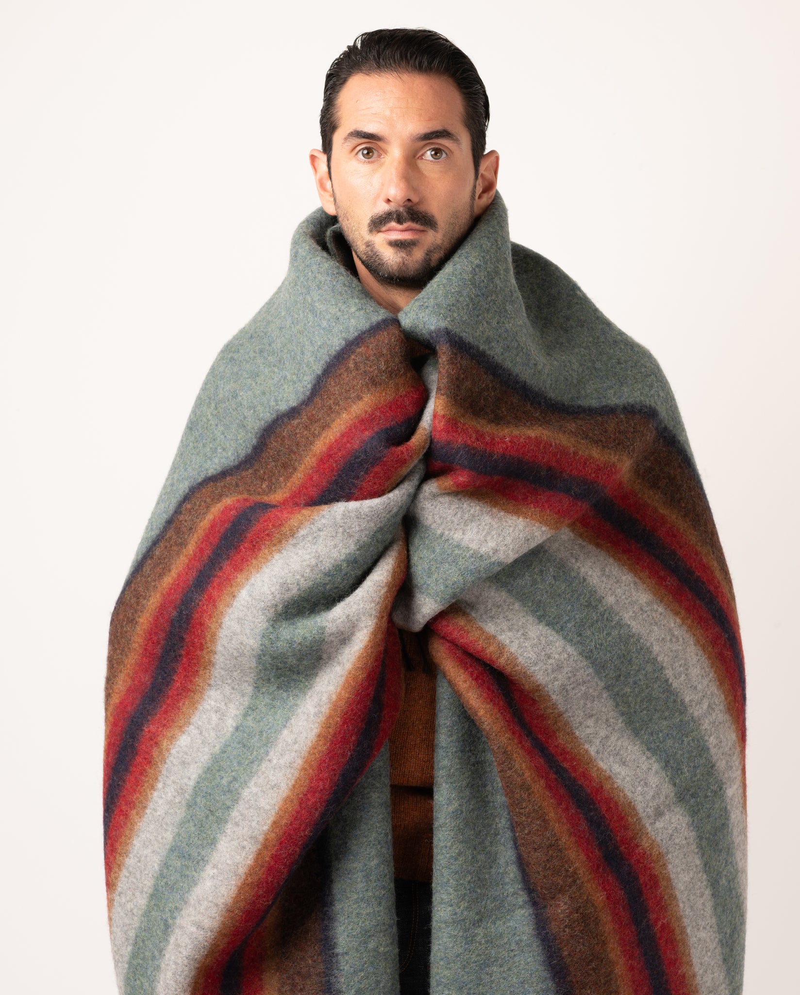 WOOL BLANKET BLUE/GREEN WITH STRIPE BORDER