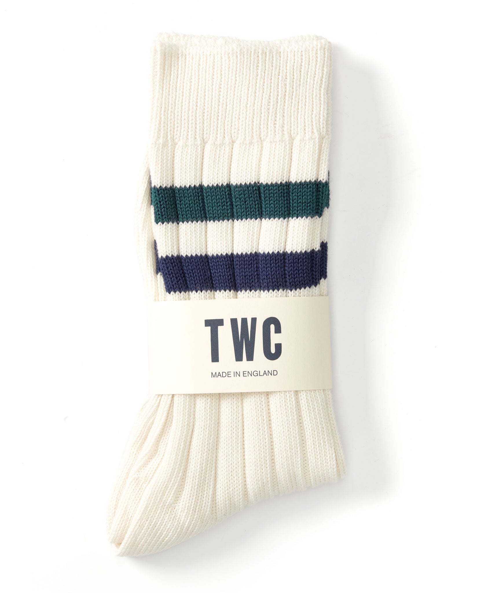 VARSITY SOCKS - CREAM WITH GREEN AND NAVY STRIPES