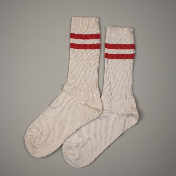 ORGANIC VARSITY SOCKS IN ECRU WITH ORANGE STRIPES