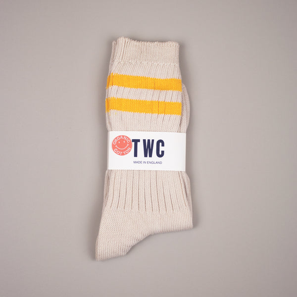 ORGANIC VARSITY SOCKS IN ECRU WITH YELLOW STRIPES